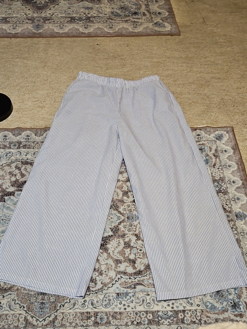 Wide-Leg Striped Cotton Blend Pants in White and Blue